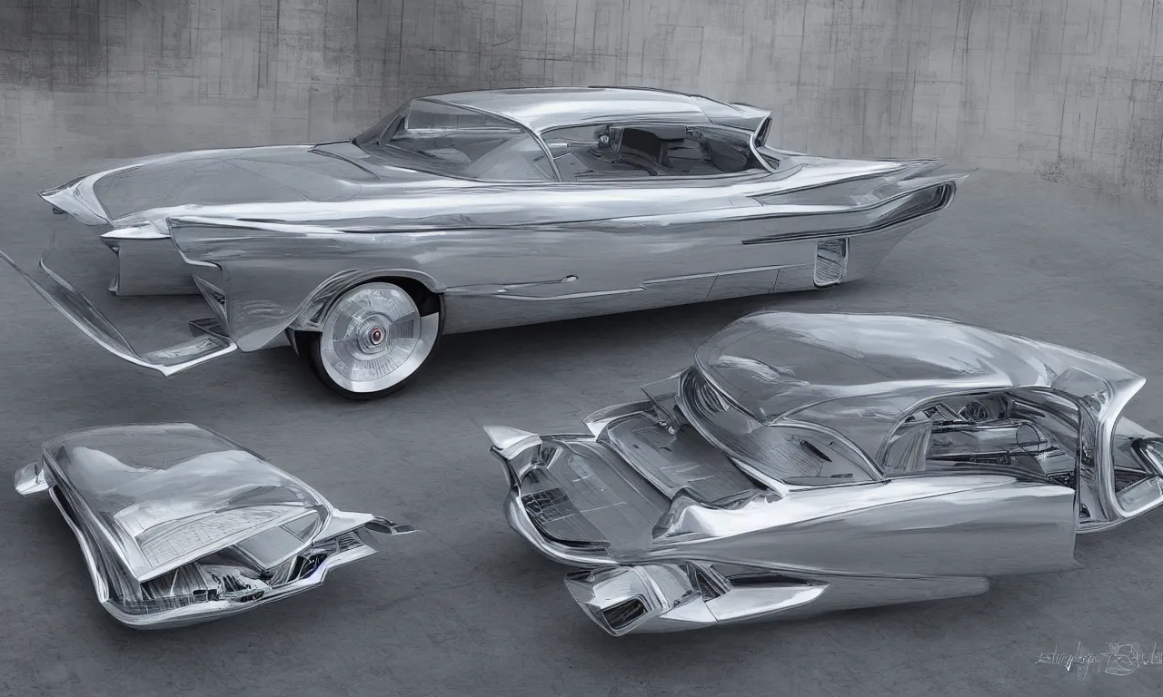 Prompt: futuristic 1957 silver cadillac, photograph, 16k, hyper realistic