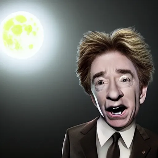 Image similar to martin short under a full moon transforming into a werewolf, his face contorts in pain as his body changes into a beast cinematic dramatic lighting award winning scene