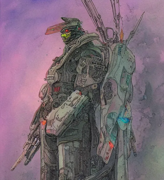 Image similar to a watercolor ink painting of a cyberpunk god of warfare and battle in the style of jean giraud in the style of moebius trending on artstation deviantart pinterest detailed realistic hd 8 k high resolution