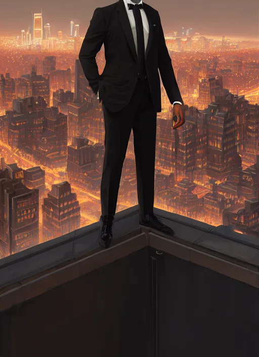 Image similar to portrait of handsome black genius in tailored suit, urban skyline, low haircut with full beard, supreme mathematics, elegant atmosphere, glowing lights, highly detailed, digital painting, artstation, concept art, smooth, sharp focus, illustration, art by wlop, mars ravelo and greg rutkowski