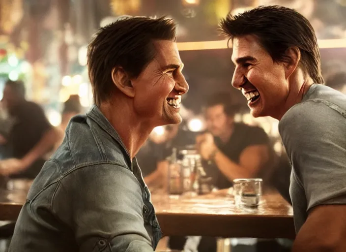 Image similar to hyper realistic tom cruise hanging out with tom cruise at a bar, all overly excited, jaw unhinged with laughter and smiling, all teeth, by greg rutkowski, 4 k, 8 k, masterpiece