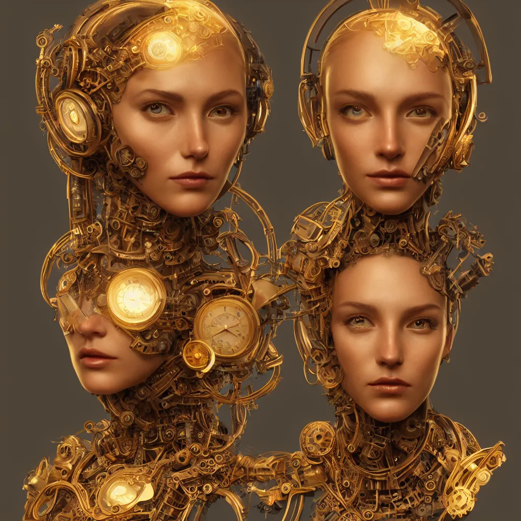 Image similar to face portrait android woman time machine beautiful symmetrical face axonometric mechanical fantasy intricate elegant highly detailed in volumetric void of latent space, golden steampunk, high contrast cinematic light, mystical shadows, digital painting, smooth, sharp focus, divine realm of gods, octane render, photographic, concept art, artist leonardo davinci, unreal engine 8 k