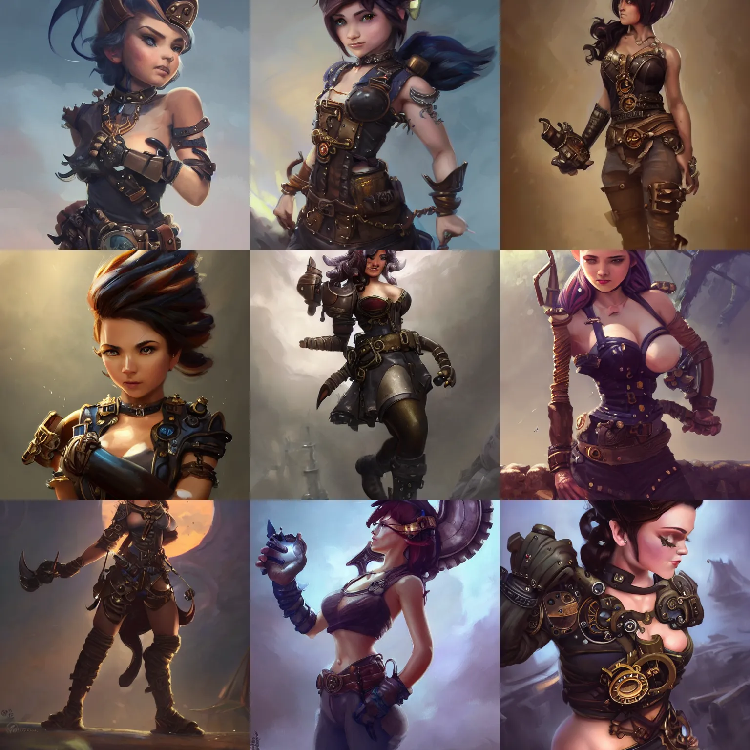 Prompt: beautiful muscular charming female gnome mechanic, steampunk full-arm iron gauntlets, short black pixie undercut hair, naval background, intricate, fantasy magic, highly detailed, full body portrait, wide angle, digital painting, artstation, smooth, sharp focus, great composition, illustration, art by Greg Rutkowski, trending on artstation