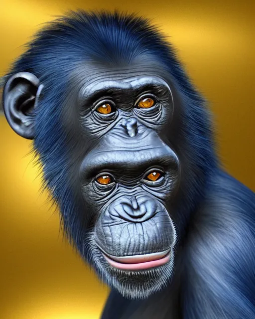 Image similar to gold, blue, very detailed high resolution illustration of a chimpanzee, 3 d, 8 k, extremely detailed, artstation