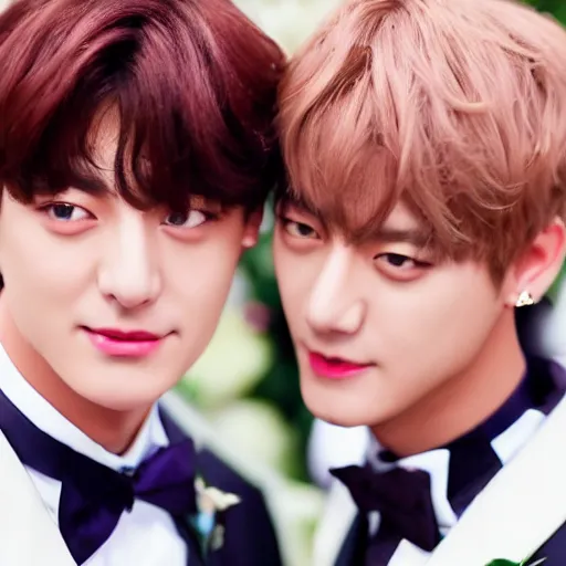 Image similar to jungkook and taehyung of bts getting married in las vegas, 8 k, ultra realistic, closeup