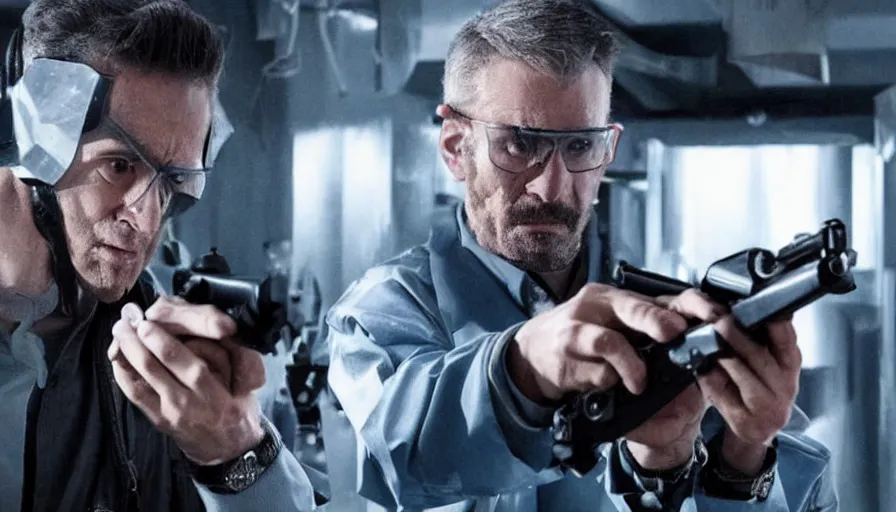 Image similar to big budget action movie about an evil scientist with a gun who takes a lab hostage