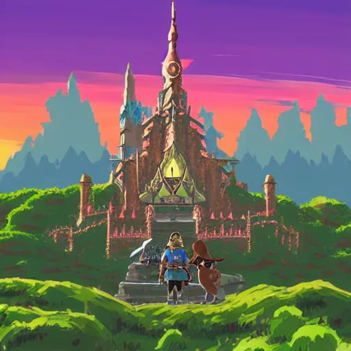 Image similar to breath of the wild style Hyrule castle in studio ghibli theme