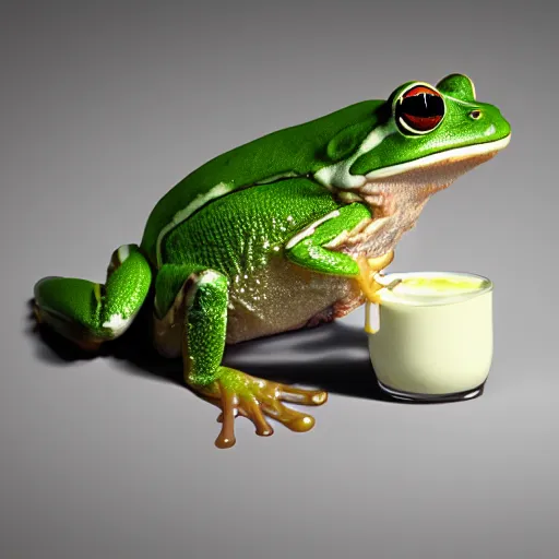 Prompt: frog in yogurt, digital art, photorealistic, shiny, trending on artstation, extremely detailed,