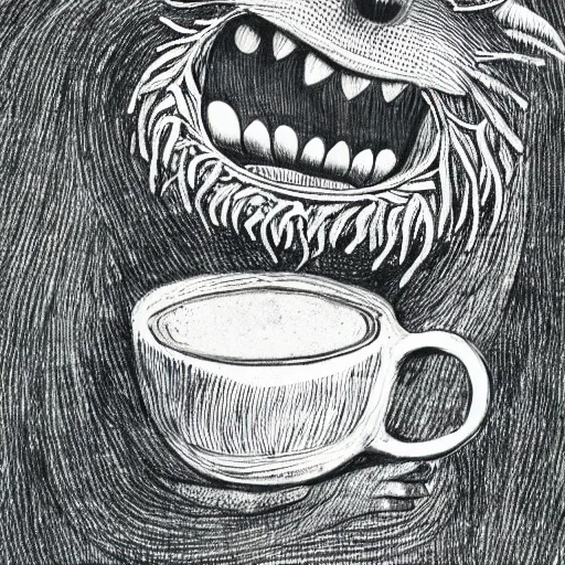 Image similar to highly detailed illustration of a monster smiling like crazy and dancing holding a beautiful steaming cup of coffee, style of Japanese illustration, Maurice Sendak, Tove Jansson