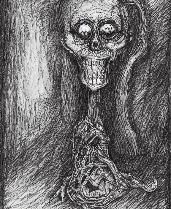 Prompt: a page of horror novel's illustration, pen sketch