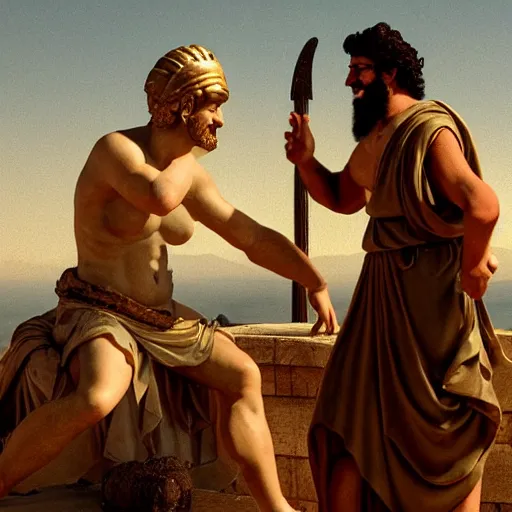 Image similar to athena talking with odysseus, laughing and nodding, photorealistic, prizewinning photo, ultradetailed, golden hour lighting