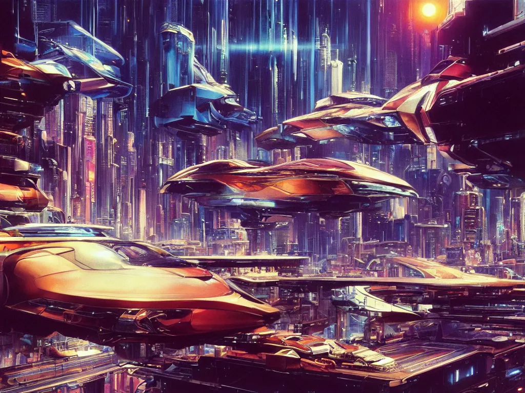 Prompt: hyperrealistic painting of a slice of life from a futuristic city, mechanical designs, futuristic vehicles, high - tech, night, elegant, cinematic, cyberpunk style, octane, highly detailed, intricate, acrylic on canvas, 8 k resolution, concept art, by noriyoshi ohrai, john berkey, moebius