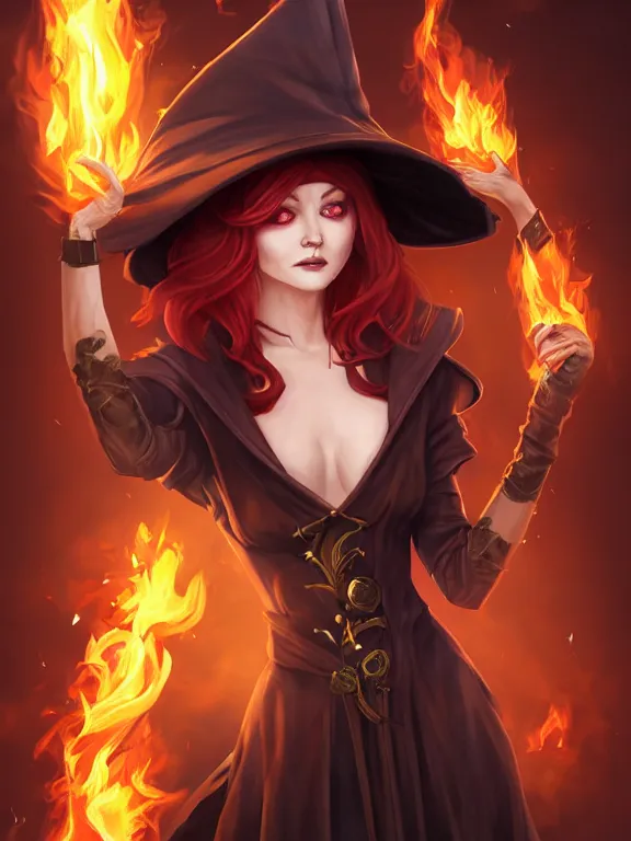 Prompt: full portrait of a dark fantasy female pyromancer, smug, skintight dress, cloak, redhead, yellow eyes, top hat, finesse, key visual, realistic shaded perfect face, fire, fine details, forest background, smooth, highly detailed, digital illustration, by artgerm, rossdraws, frank franzzeta