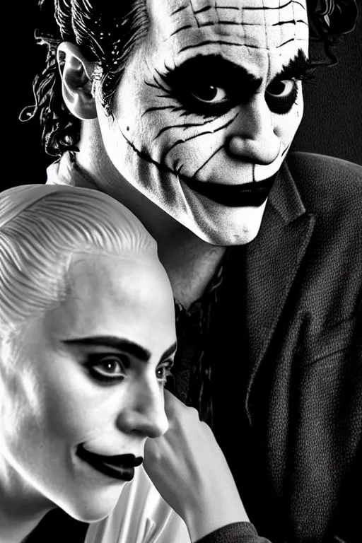 Image similar to joaquin phoenix joker with harley queen lady gaga, photorealistic, ultrarealistic, smooth, 4 k, aesthetic lighting, baroque object, sharp focus, hyperdetailed, professional photography, pullitzer winning, 8 0 0 photo by : canon eos 5 d mark iv, by karah mew and adnan abidi and jodie bateman and ansel adams