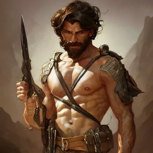 Image similar to portrait of rugged male ranger d & d muscular fantasy intricate elegant highly detailed digital painting artstation concept art smooth sharp focus illustration art by artgerm and greg rutkowski and alphonse mucha