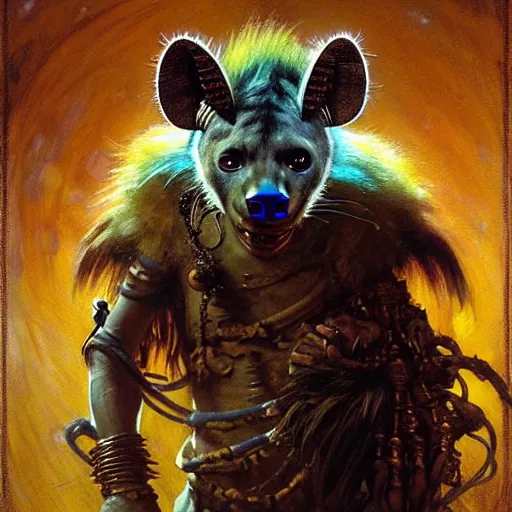 Prompt: portrait of a hyena gnoll shaman wizard. shadowrun furaffiniy cyberpunk fantasy highly detailed painting by gaston bussiere craig mullins jc leyendecker gustav klimt artgerm greg rutkowski john berkey, bergey, craig mullins, ruan jia, raymond swanland, jeremy mann, tom lovell, alex malveda