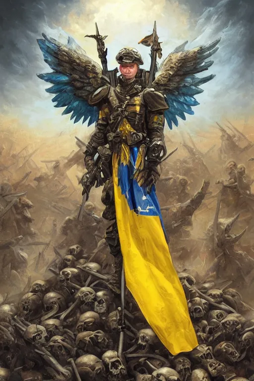 Prompt: A military soldier with angel wings with a blue and yellow flag behind him is standing on a pile of skulls in triumph after the battle, extended art, D&D, fantasy, intricate, elegant, highly detailed, digital painting, artstation, concept art, matte, sharp focus, illustration, art by Artgerm and Noah Bradley and Scott M Fischer and Greg Rutkowski and Alphonse Mucha