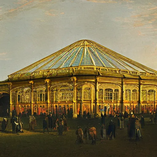 Image similar to a color photograph of the crystal palace, london exhibition of 1 8 5 1, golden hour,