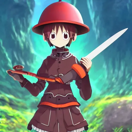 Prompt: cute android humanoid with big tomato hat and a carrot sword, made in abyss style, anime