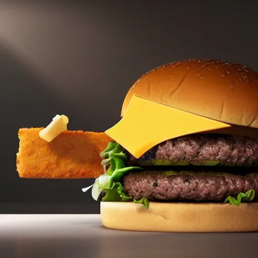 Image similar to a cow eating a cheese burger with a disturbing amount of enthusiasm highly detailed, photorealistic portrait, bright studio setting, studio lighting, crisp quality and light reflections, unreal engine 5 quality render
