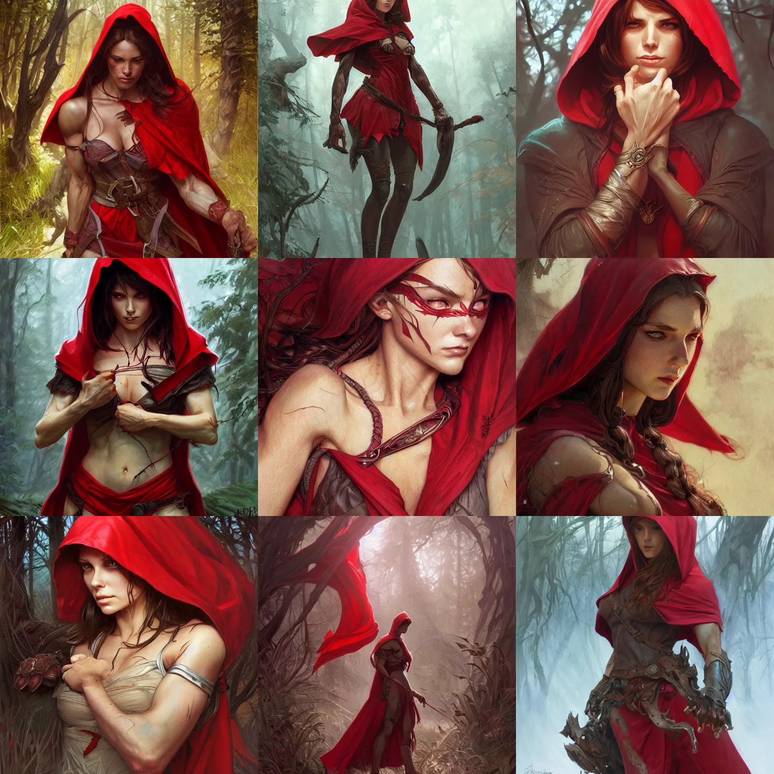 Prompt: Red Riding Hood, muscular upper body, D&D, fantasy, intricate, wild, highly detailed, digital painting, artstation, concept art, smooth, sharp focus, illustration, art by artgerm and greg rutkowski and alphonse mucha