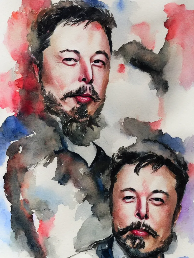 Prompt: a portrait of elon musk with an imperial beard. watercolors