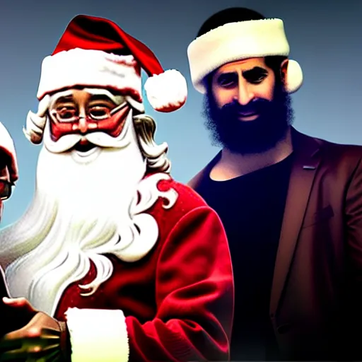 Prompt: uhd candid photo of santa and osama bin laden with seal team 6. selfie. annie leibowitz and steve mccurry