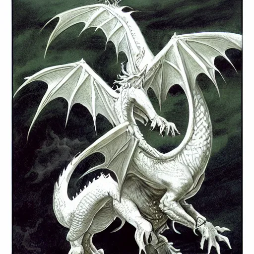 Image similar to a white dragon attacking a group of 5 adventures, dungeons and dragons, digital art, by John Howe and Alan Lee and Larry Elmore