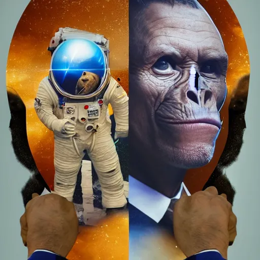 Image similar to double exposure portrait split in the middle, showcasing one astronaut and one chimpanzee in a suit posing with space in the background, pencil art, high definition, dynamic lighting stars, sharpness, golden ratio