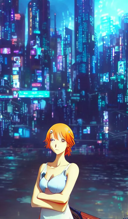 Image similar to anime fine details portrait of Nami in front of cyberpunk moder city landscape on the background deep bokeh, close-up view, anime masterpiece by Studio Ghibli. 8k, sharp high quality anime, artstation