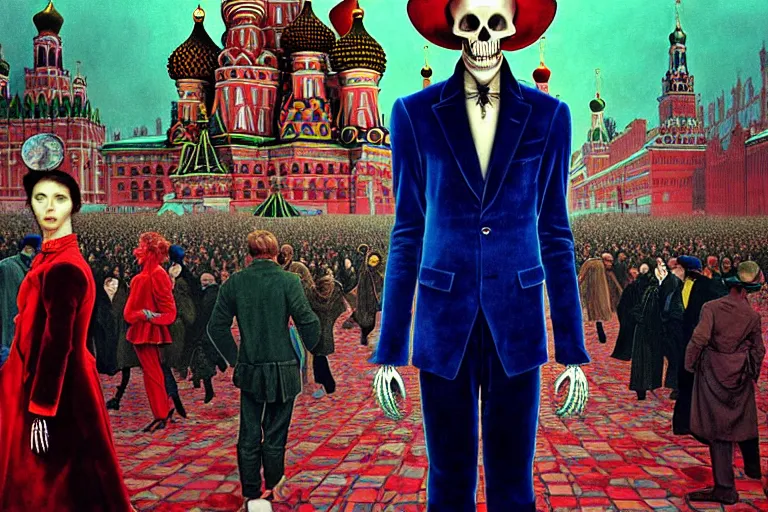 Image similar to realistic detailed photorealistic film portrait shot of a single skeleton wearing crimson velvet blazer in a crowded futuristic moscow street by Denis Villeneuve, Amano, Yves Tanguy, Alphonse Mucha, Ernst Haeckel, Andrei Tarkovsky, Edward Robert Hughes, Roger Dean, rich moody colours, wide angle, blue eyes