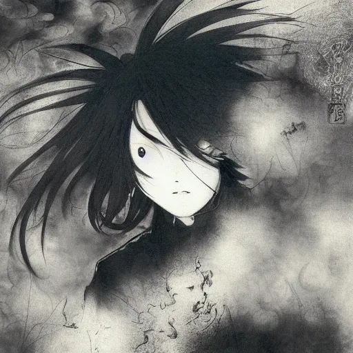 Image similar to Yoshitaka Amano blurred and dreamy illustration of an anime man with black short hair fluttering in the wind and cracks on his face, abstract black and white patterns on the background, noisy film grain effect, highly detailed, Renaissance oil painting, weird portrait angle