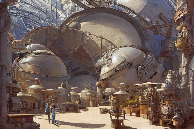 Prompt: a beautiful science fiction factory with spherical design by starwars and army in a village with curved tiny houses in the french countryside during spring season, highly detailed painting by studio ghibli hd and louis remy mignot hd and leyendecker, nice afternoon lighting, smooth tiny details, soft and clear shadows, low contrast, perfect