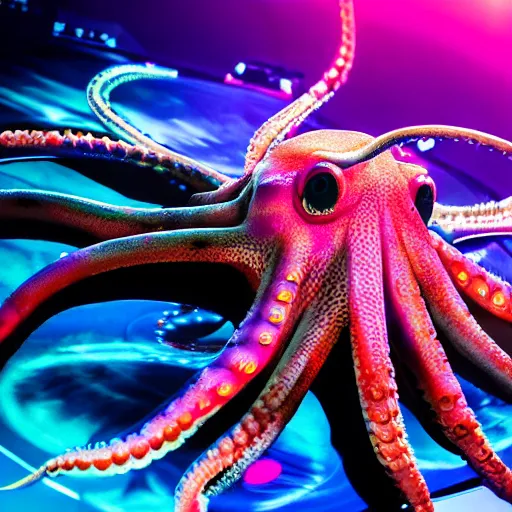 Prompt: award winning closeup photo, film still of an octopus! as a dj with tentacles! simultaneously placed turntables cdjs and knobs of a pioneer dj mixer. sharp, blue and fuschia colorful lighting, in front of a large crowd, studio, medium format, 8 k detail, volumetric lighting, wide angle, at an outdoor psytrance festival main stage at night