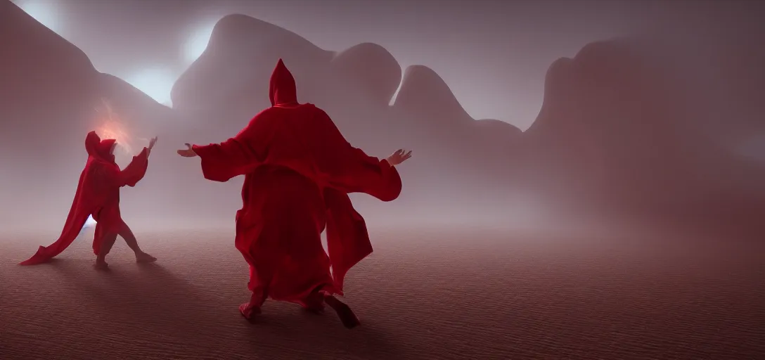 Image similar to an evil demon wearing red robes fighting an angel wearing white robes in a desert, luminescent eyes, sunny weather, rendered in octane, realistic, 8 k, vivid, intricate, detailed, mist, fog, dramatic light