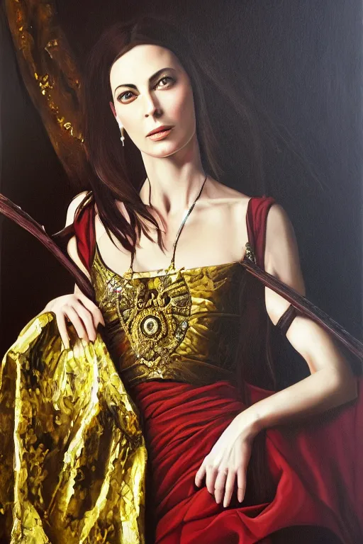 Image similar to hyperrealism oil painting, close - up portrait of carole bouquet medieval brunette vampire fashion model, knight, steel gradient mixed with nebula sky, in style of baroque