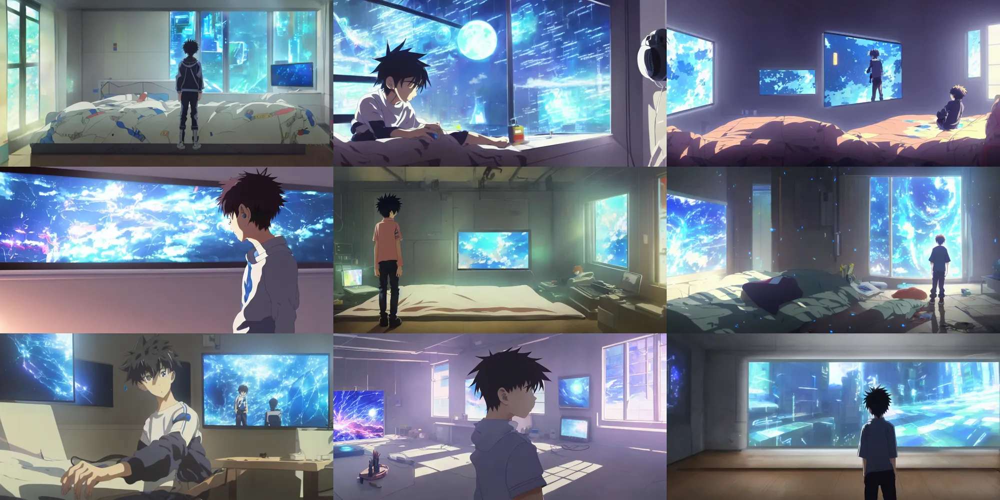 Prompt: painting of near future technological world, screenshot in the anime film of a boy who wears nervegear and is alone in his bedroom but also in the digital world augmented reality, screenshot from the Kyoto Animation and makoto shinkai anime, real life blended with digital world