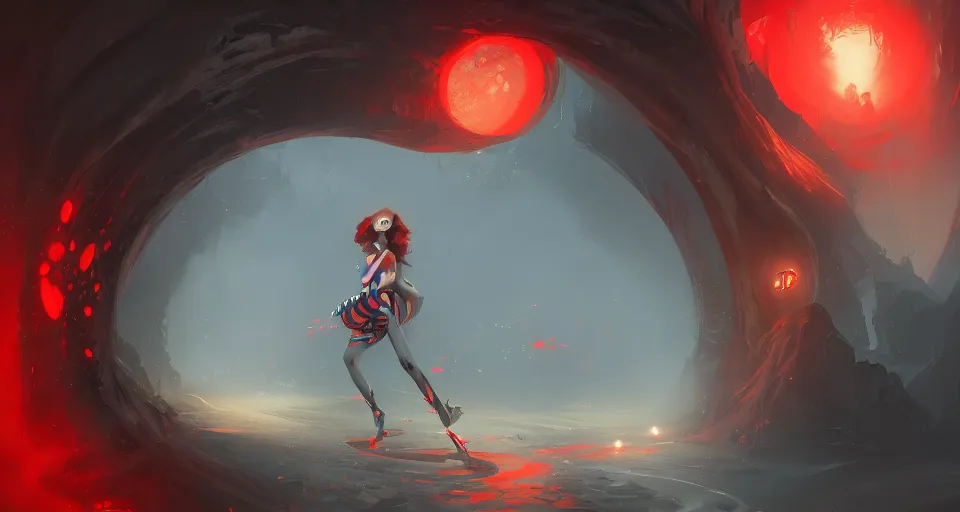 Image similar to a young girl falling down a tunnel with a warping black and red checkerboard pattern by peter mohrbacher, vivid colors, matte painting, 8K, concept art, mystical color scheme, trending on artstation