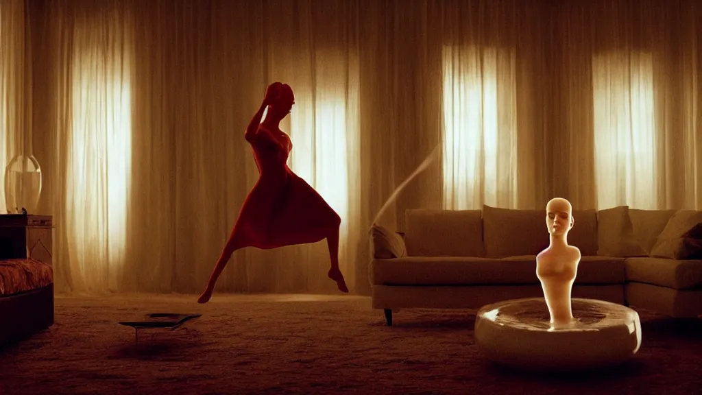 Image similar to a woman made of wax and water floats through the living room, film still from the movie directed by Denis Villeneuve with art direction by Salvador Dalí, wide lens