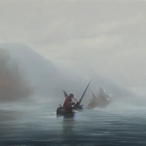 Image similar to painting of viking longboat on a misty river raid