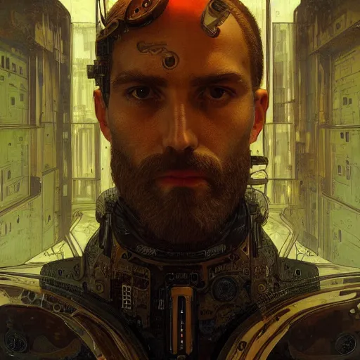 Image similar to portrait of bearded android, coy, circuitry visible in head, in the style of ex machina, karol bak, alphonse mucha, greg rutkowski, award winning, hr giger, artstation