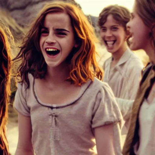 Prompt: Still of Emma Watson as Hermione Granger laughing with her friends. Prisoner of Azkaban. During golden hour. Extremely detailed. Beautiful. 4K. Award winning.