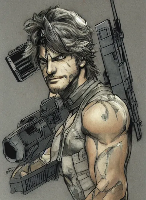 Prompt: solid snake by yoshitaka amano, concept art, highly detailed, intricate, colorful