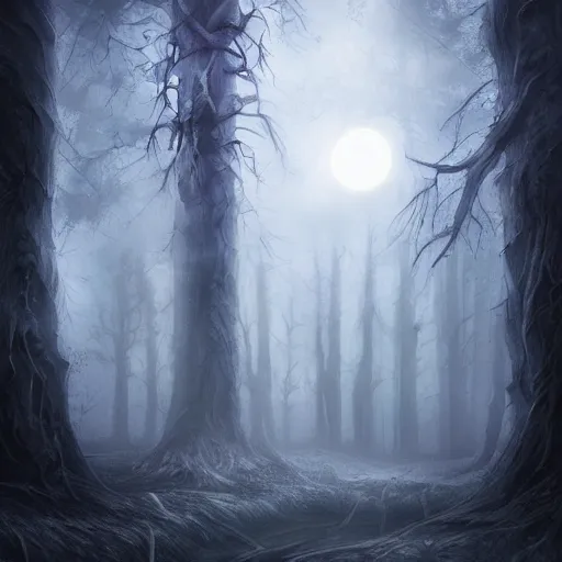 Image similar to a dark ominous forest, dead trees, moonlit, a ethereal ghost approaching, spooky digital artwork by Artgerm, trending on artstation