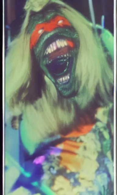 Image similar to colorful crystal gary busey creature, 9 0 s toy commercial, photo from the 7 0 s, horror lighting, neon lighting, polaroid photo,