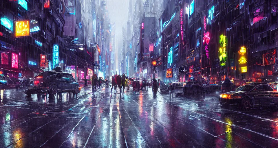 Image similar to crowded rainy cyberpunk city, street scene, street level, hyperdetailed, artstation, cgsociety, 8k