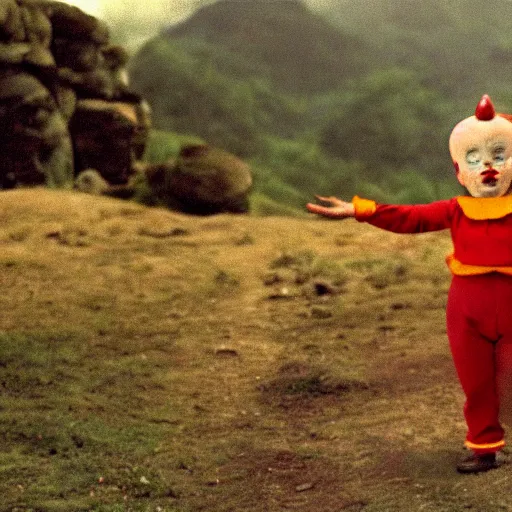 Image similar to wide scenic shot from the scene from the holy mountain where the conjoined child clowns play. The child clowns are conjoined at the head and neck, they share one head. Cinematic, VHS copy, film grain, 35mm film.