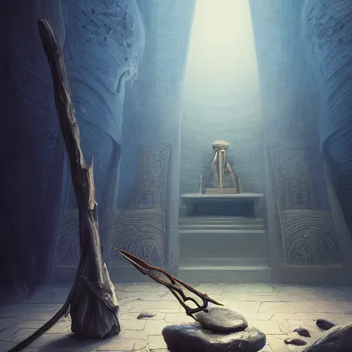 Image similar to fantasy movie scene greg rutkowski digital painting of an ornate and royal egyptian antechamber tomb with a old twisted wooden staff weapon with a blue crystal at it's tip laying on a stone altar, unreal engine, hyper realism, realistic shading, cinematic composition, blender render, octane render, hdr, detailed textures, photorealistic, 3 5 mm film