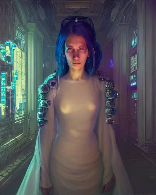 Image similar to highly detailed surreal vfx portrait of a female cyberpunk mage in a majestic castle by golden tree, stephen bliss, unreal engine, greg rutkowski, loish, rhads, beeple, makoto shinkai and lois van baarle, ilya kuvshinov, rossdraws, tom bagshaw, alphonse mucha, global illumination, detailed and intricate environment