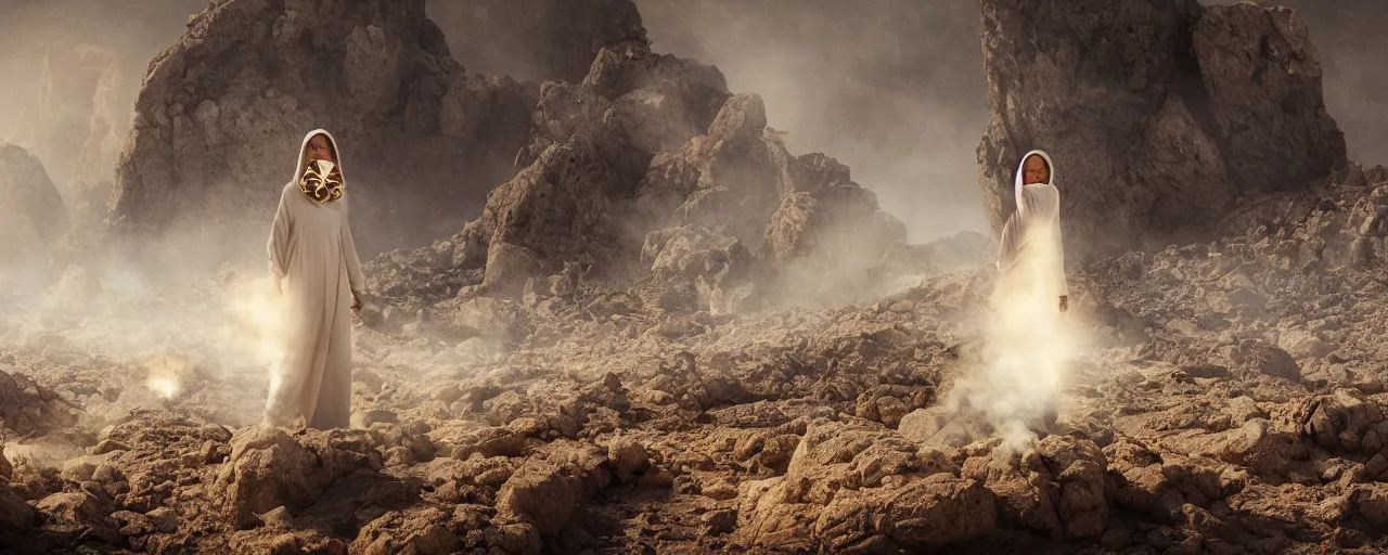 Image similar to The full body shot of beautiful pale woman with white flowers and full-face golden mask in a rocky desert landscape, a giant mirror and smoke around her, volumetric lighting, fire, multiple eyes and dry earth by Denis Villeneuve, Lubezki, Gaspar Noe and Christopher Doyle, anamorphic lens, anamorphic lens flares, kodakchrome, cinematic composition, practical effects, award winning photo, 8k